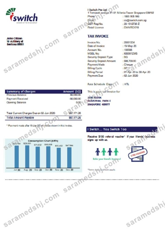 Singapore I Switch electricity utility bill template in Word and PDF format